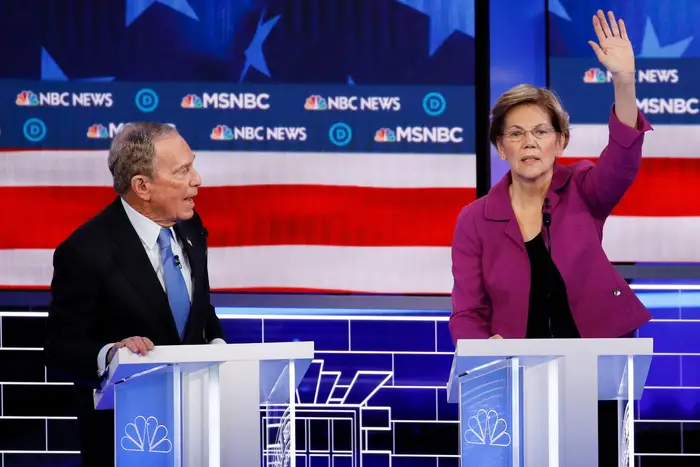 Democratic presidential candidate, former New York City Mayor Mike Bloomberg speaks as Sen. Elizabeth Warren, D-Mass., gestures during a Democratic presidential primary debate, in Las Vegas, hosted by NBC News and MSNBC.